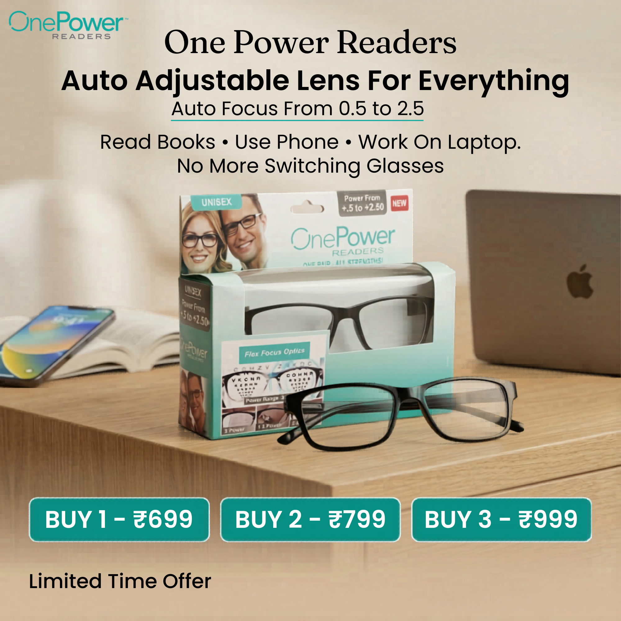 AUTO FOCUS  One Power Readers - AS SEEN ON TV! - Read Small Print and Computer Screens - no Changing Glasses - Flex Focus optics
