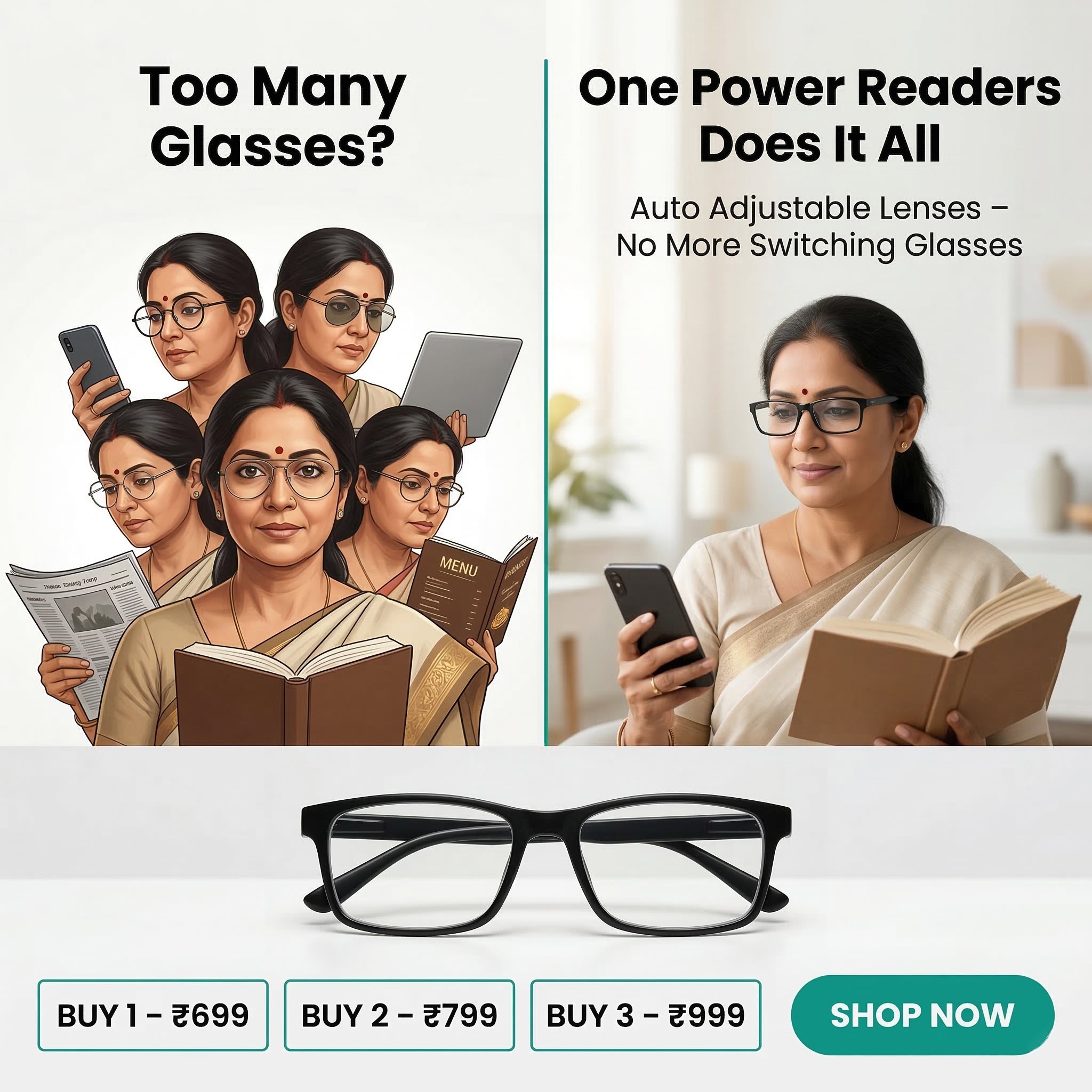 AUTO FOCUS  One Power Readers - AS SEEN ON TV! - Read Small Print and Computer Screens - no Changing Glasses - Flex Focus optics